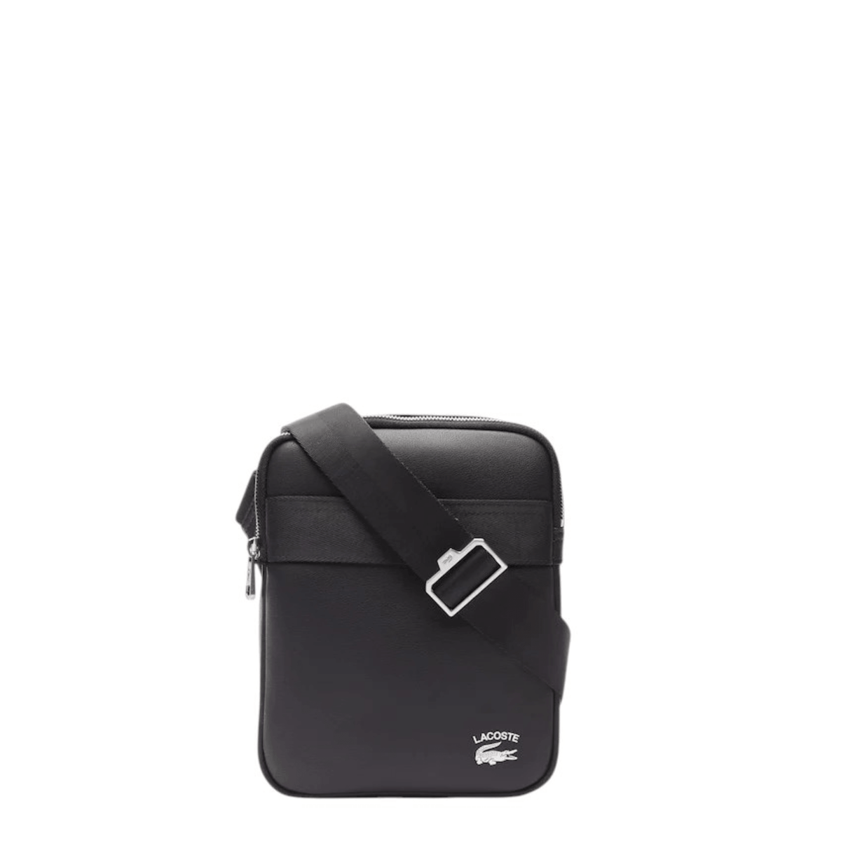 Sacoche homme Lacoste NH4017PN000 noire en refente de cuir enduit, vue de face avec logo crocodile blanc et bandoulière réglable