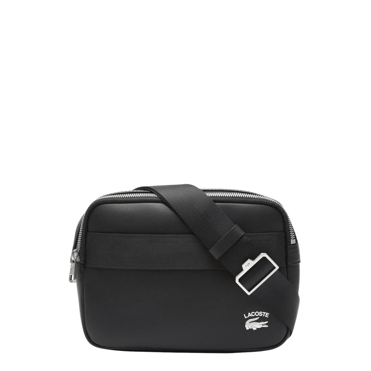 Sacoche homme Lacoste NH4018PN000 en cuir de vachette noir, vue de face avec logo crocodile blanc et bandoulière réglable
