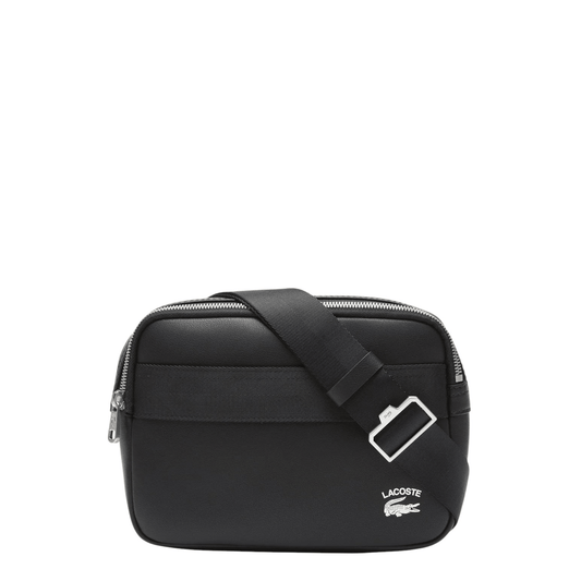 Sacoche homme Lacoste NH4018PN000 en cuir de vachette noir, vue de face avec logo crocodile blanc et bandoulière réglable