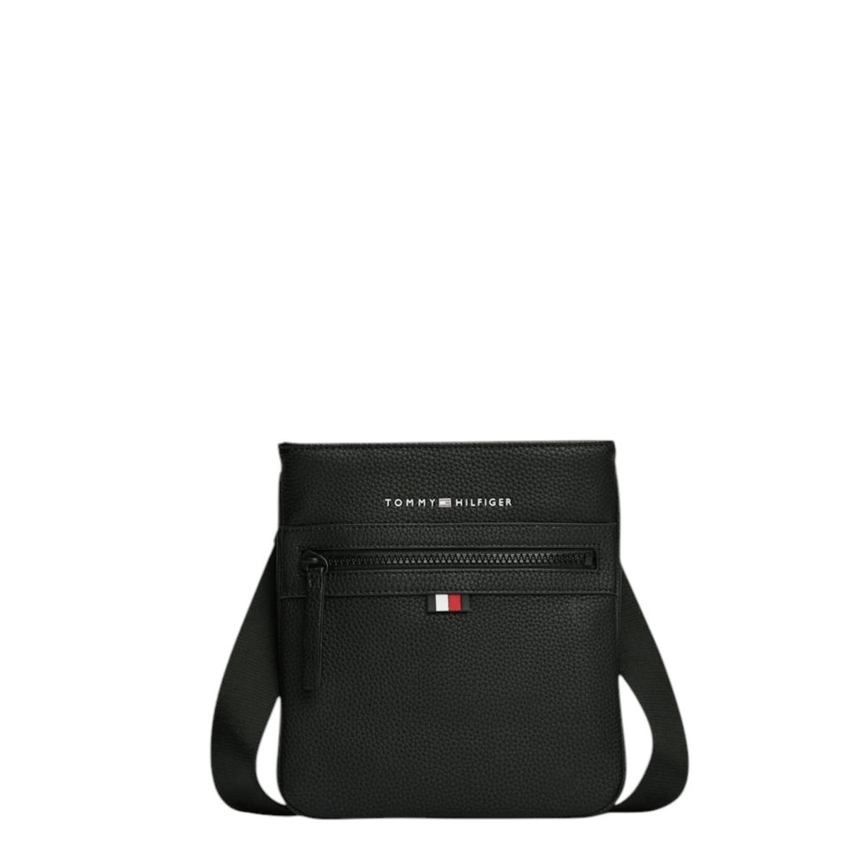 Sacoche plate homme Tommy Hilfiger AM0AM09505 noire, vue de face avec poche zippée et logo signature