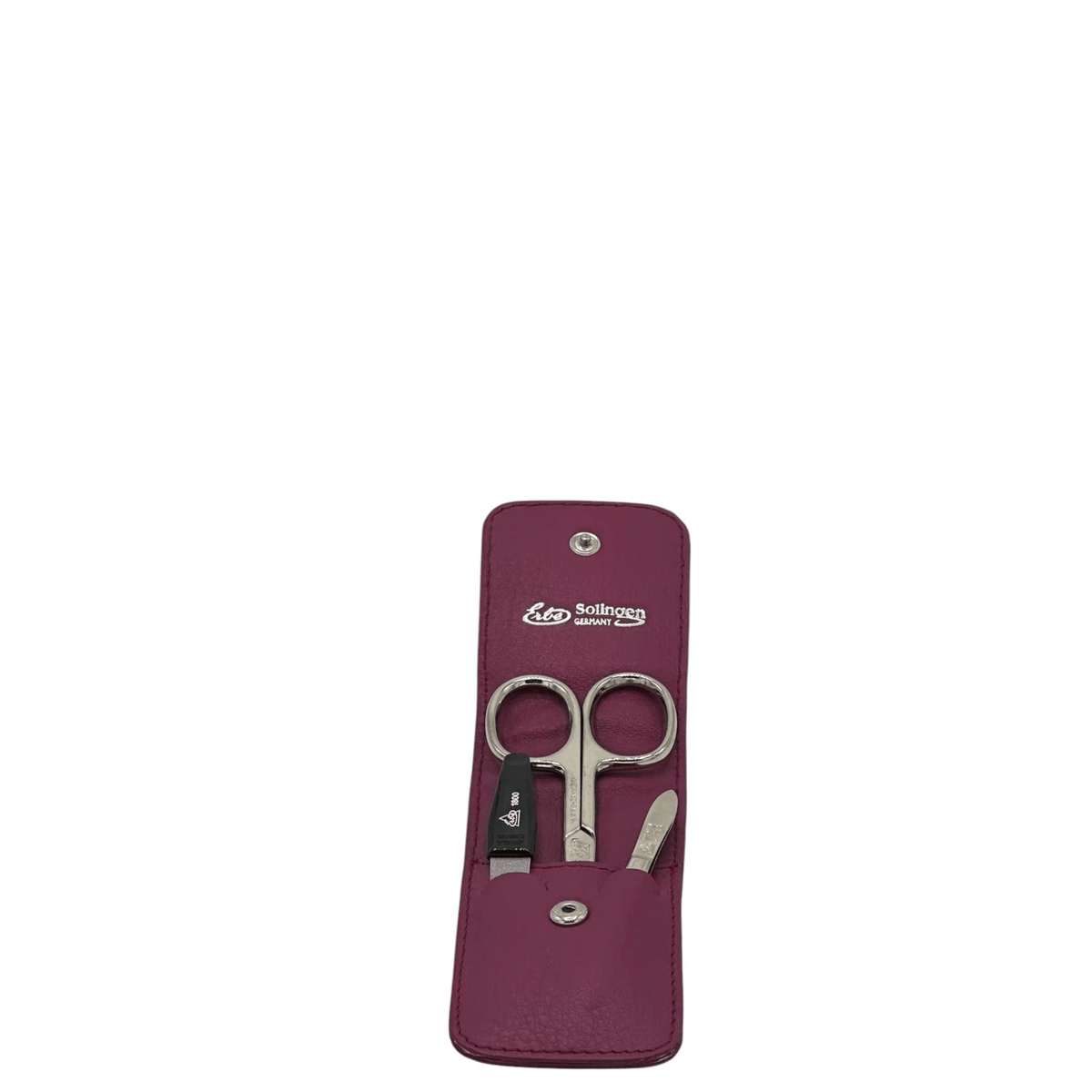 Set de manucure Siena Erbe Solingen violet ouvert avec ciseaux, lime et pince à épiler