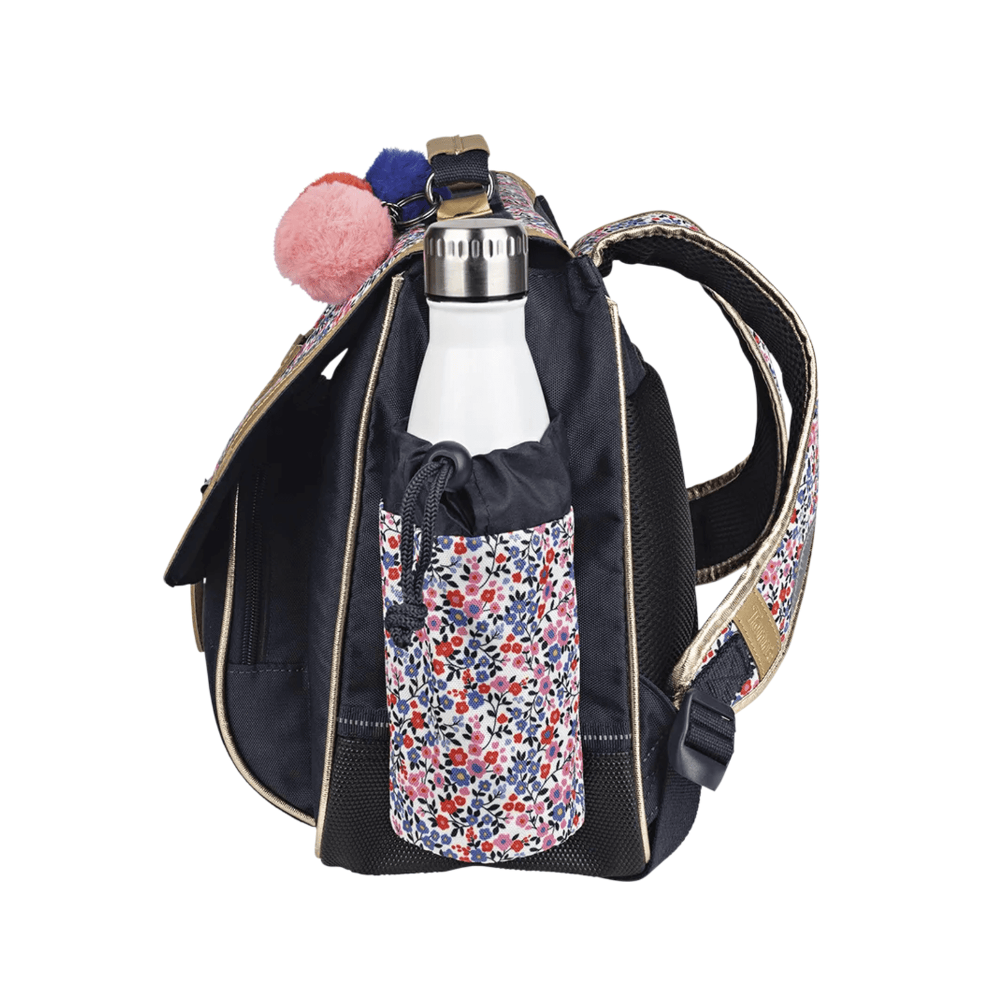 Vue latérale du cartable Tann's Antonia avec gourde insérée dans la poche amovible