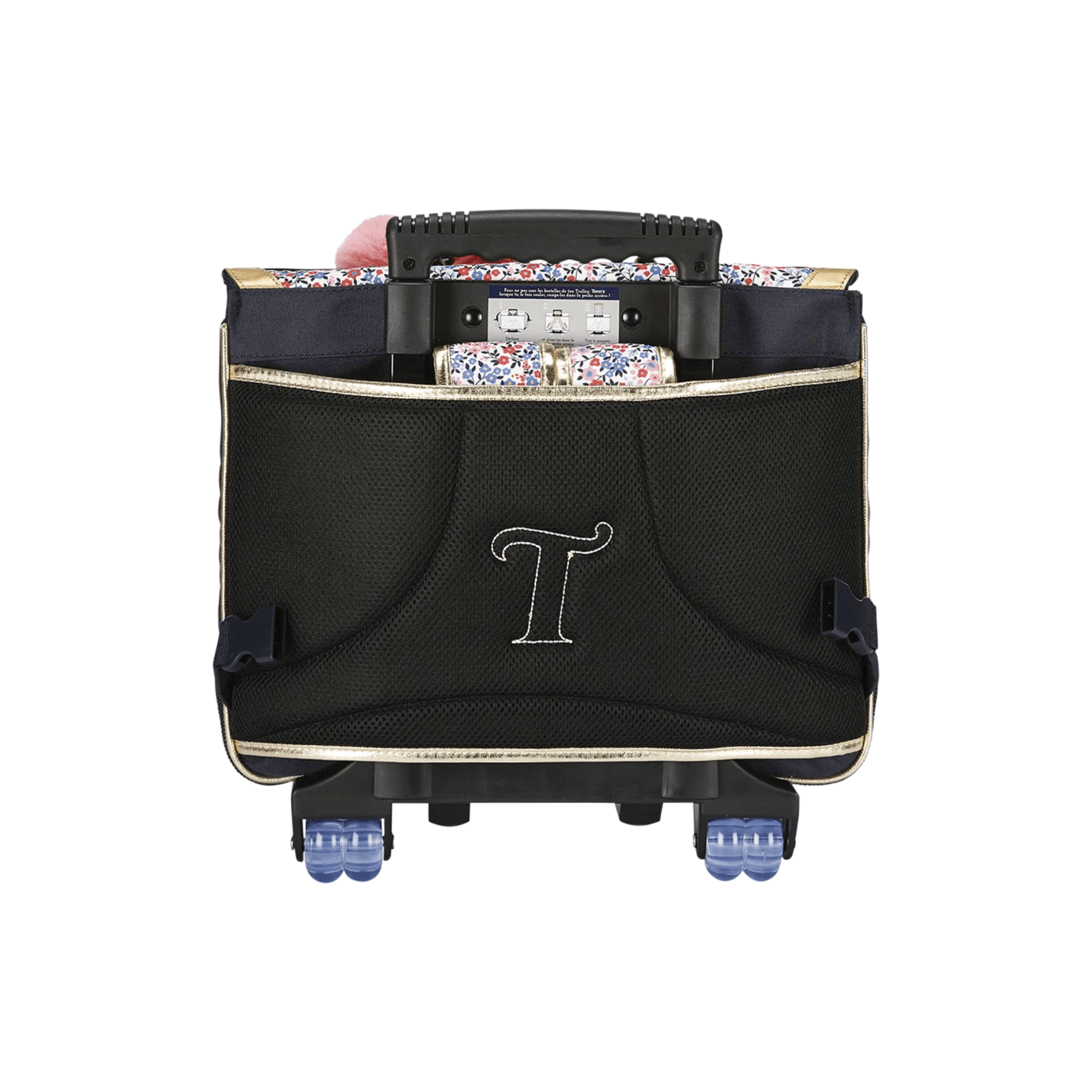 Vue arrière du cartable à roulettes Tann's Antonia avec dos ergonomique et système trolley