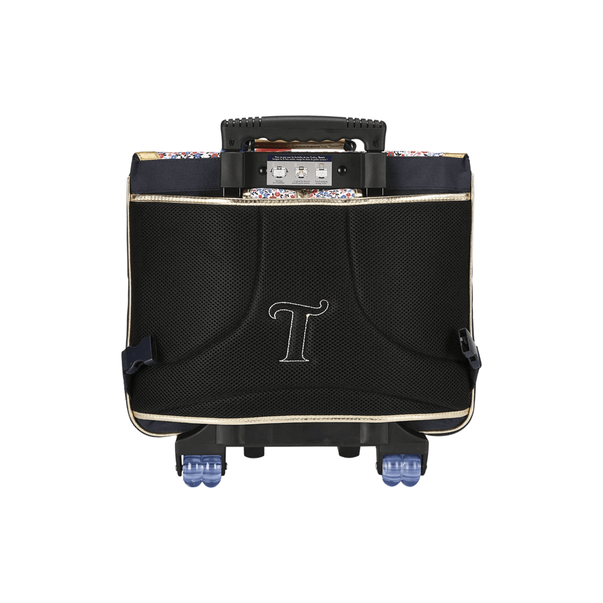 Vue arrière du cartable à roulettes Tann's Antonia avec dos ergonomique et système trolley