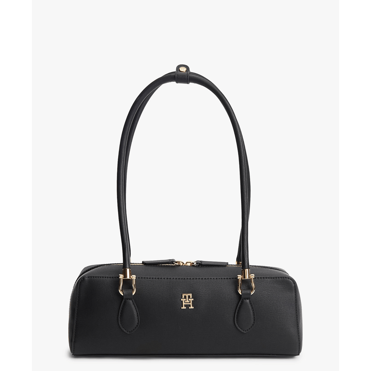 Sac épaule Tommy Hilfiger baguette noir texturé avec monogramme TH doré vue de face