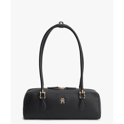 Sac épaule Tommy Hilfiger baguette noir texturé avec monogramme TH doré vue de face