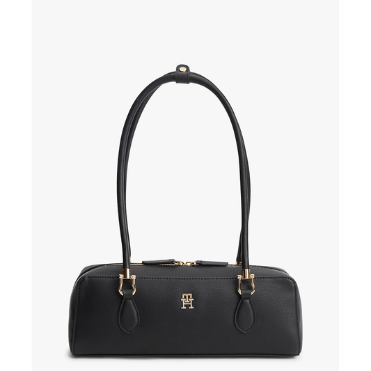 Sac épaule Tommy Hilfiger baguette noir texturé avec monogramme TH doré vue de face