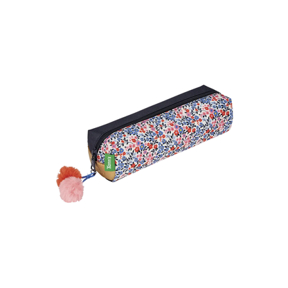 Trousse scolaire Tann's Antonia bleue simple avec imprimé fleuri et pompons
