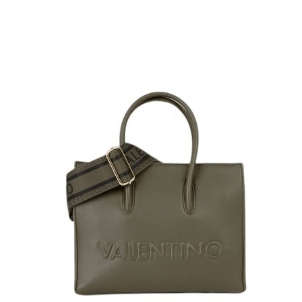 Sac à main VALENTINO BIANKA RE kaki VBSA9U04, vue de face avec logo embossé et large bandoulière réglable.
