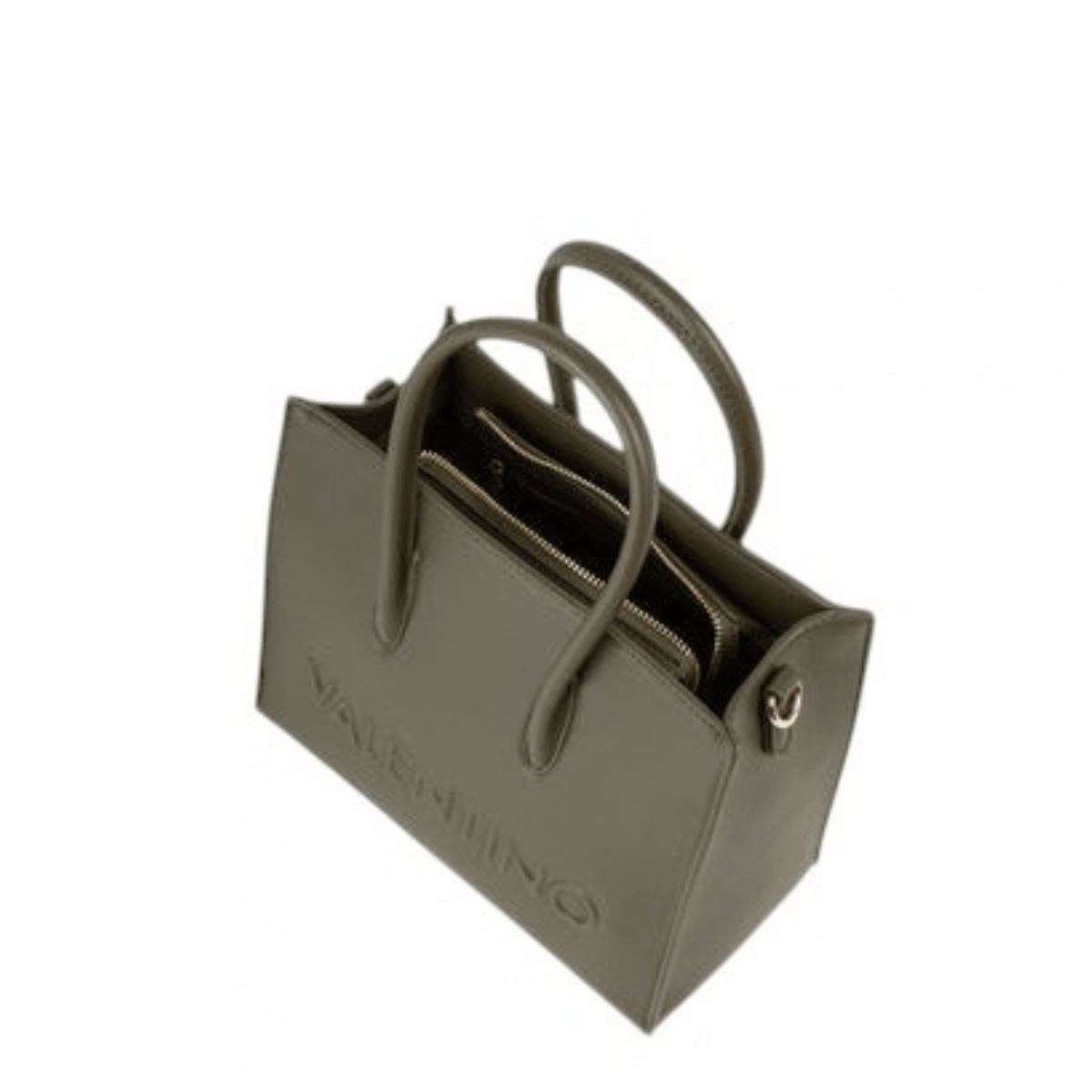 Intérieur du sac à main VALENTINO BIANKA RE kaki VBSA9U04, avec fermeture zippée et compartiments de rangement.