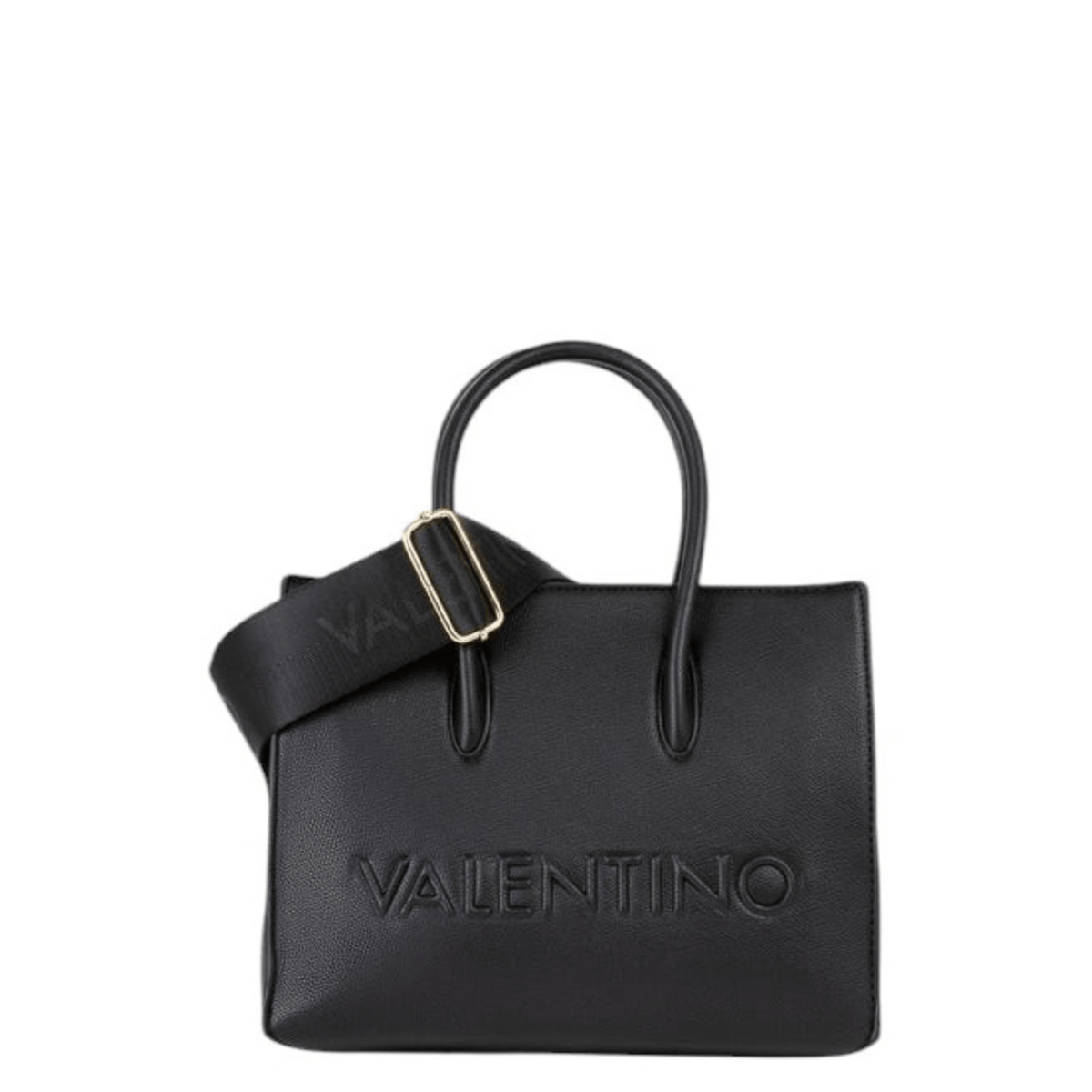 Sac à main VALENTINO BIANKA RE noir VBSA9U04, vue de face avec logo embossé et bandoulière amovible.