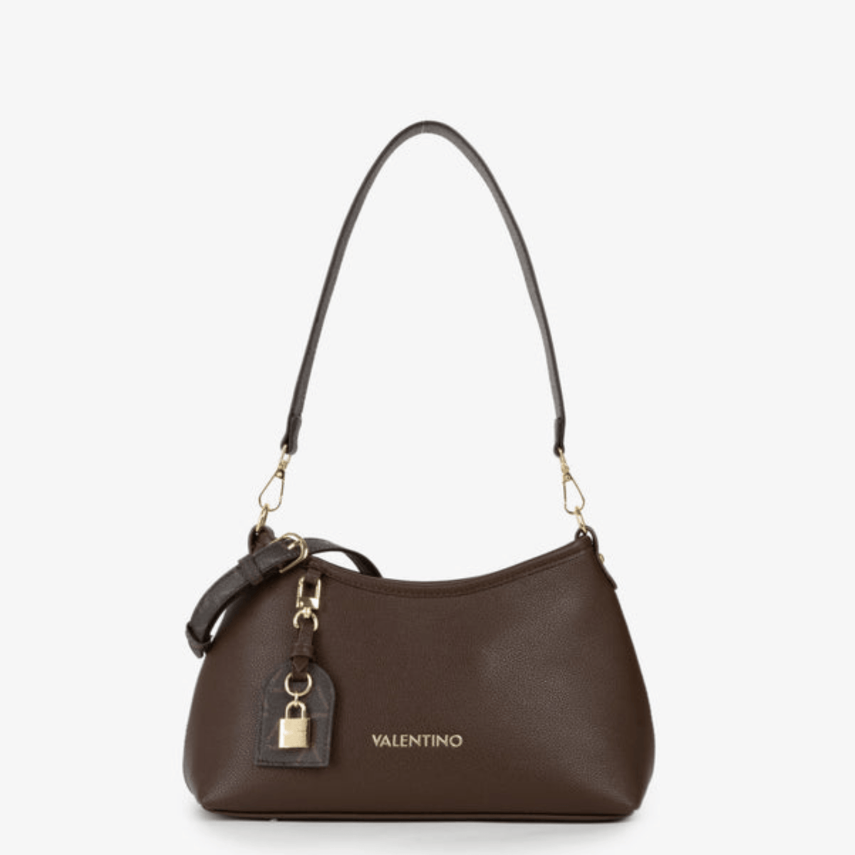 Sac à main VALENTINO LYSSA RE VBSACY14 coloris café vue de face avec logo doré, anse épaule et pendentif cadenas
