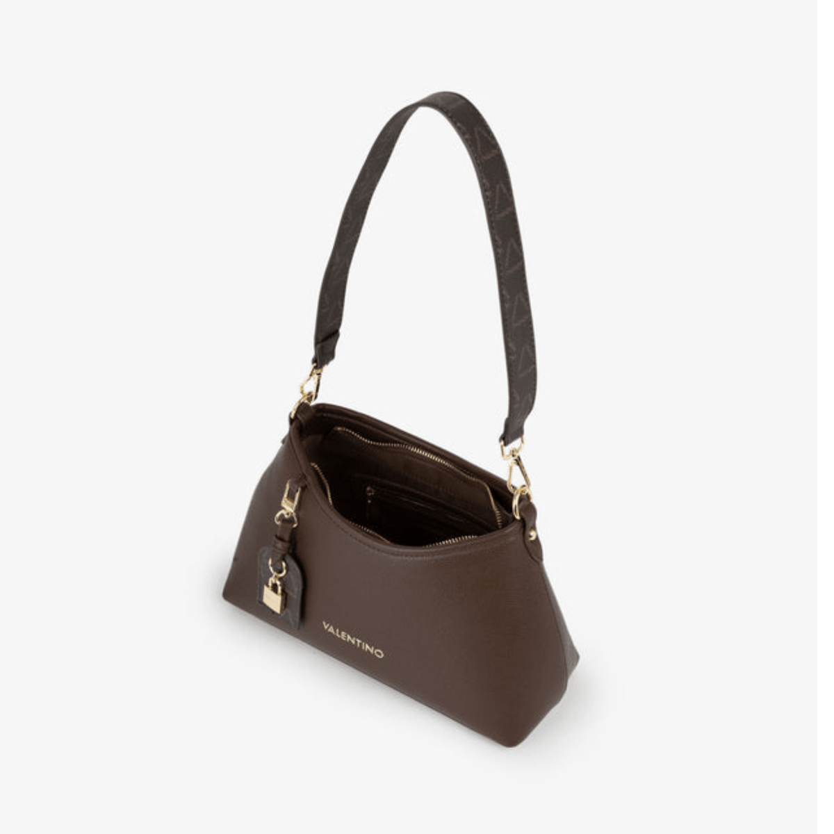 Sac VALENTINO LYSSA RE café vue de dessus montrant son intérieur à compartiments, sa poche zippée et ses détails dorés