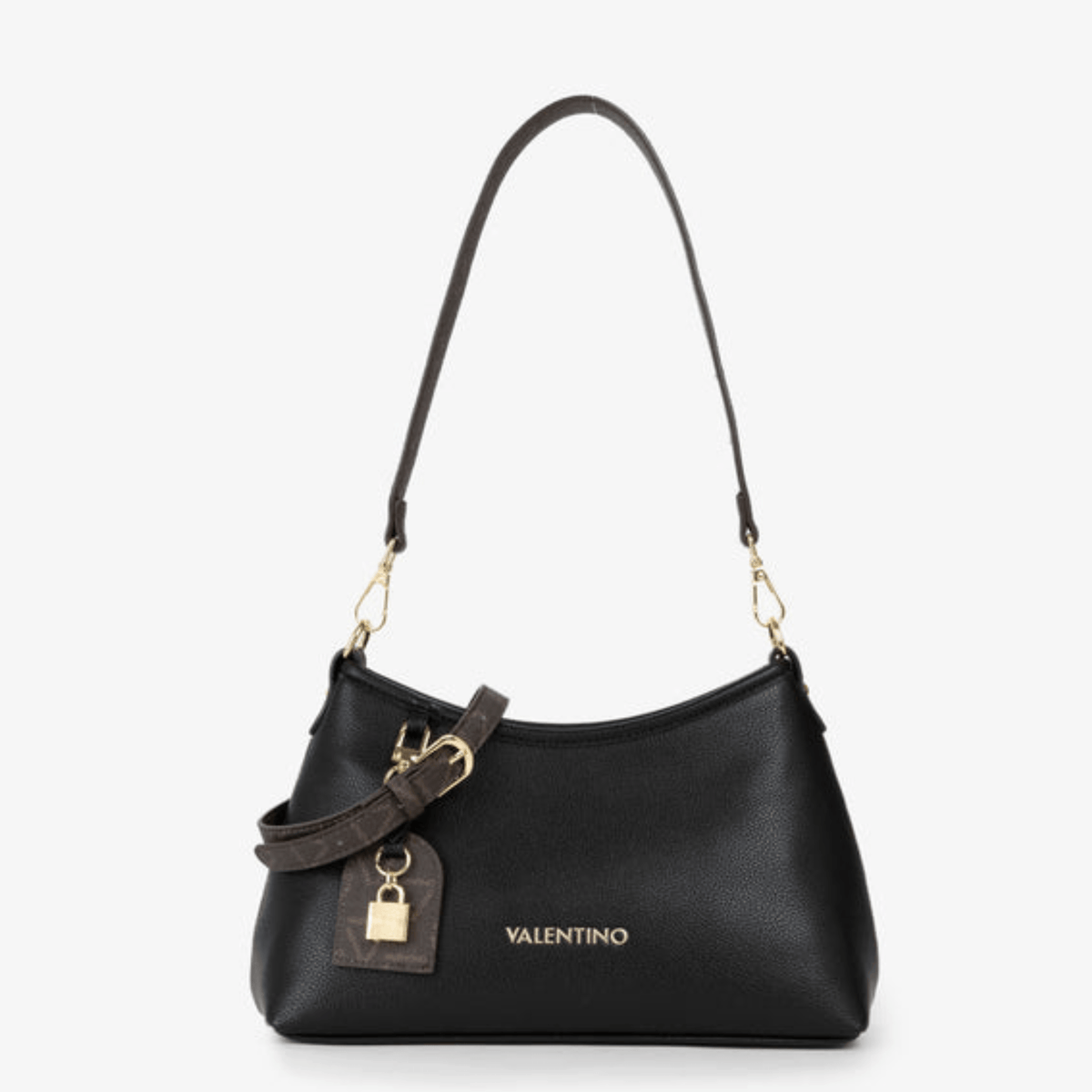 Sac à main VALENTINO LYSSA RE VBSACY14 noir vue de face avec logo doré, pendentif cadenas et anse contrastante