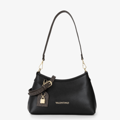 Sac à main VALENTINO LYSSA RE VBSACY14 noir vue de face avec logo doré, pendentif cadenas et anse contrastante