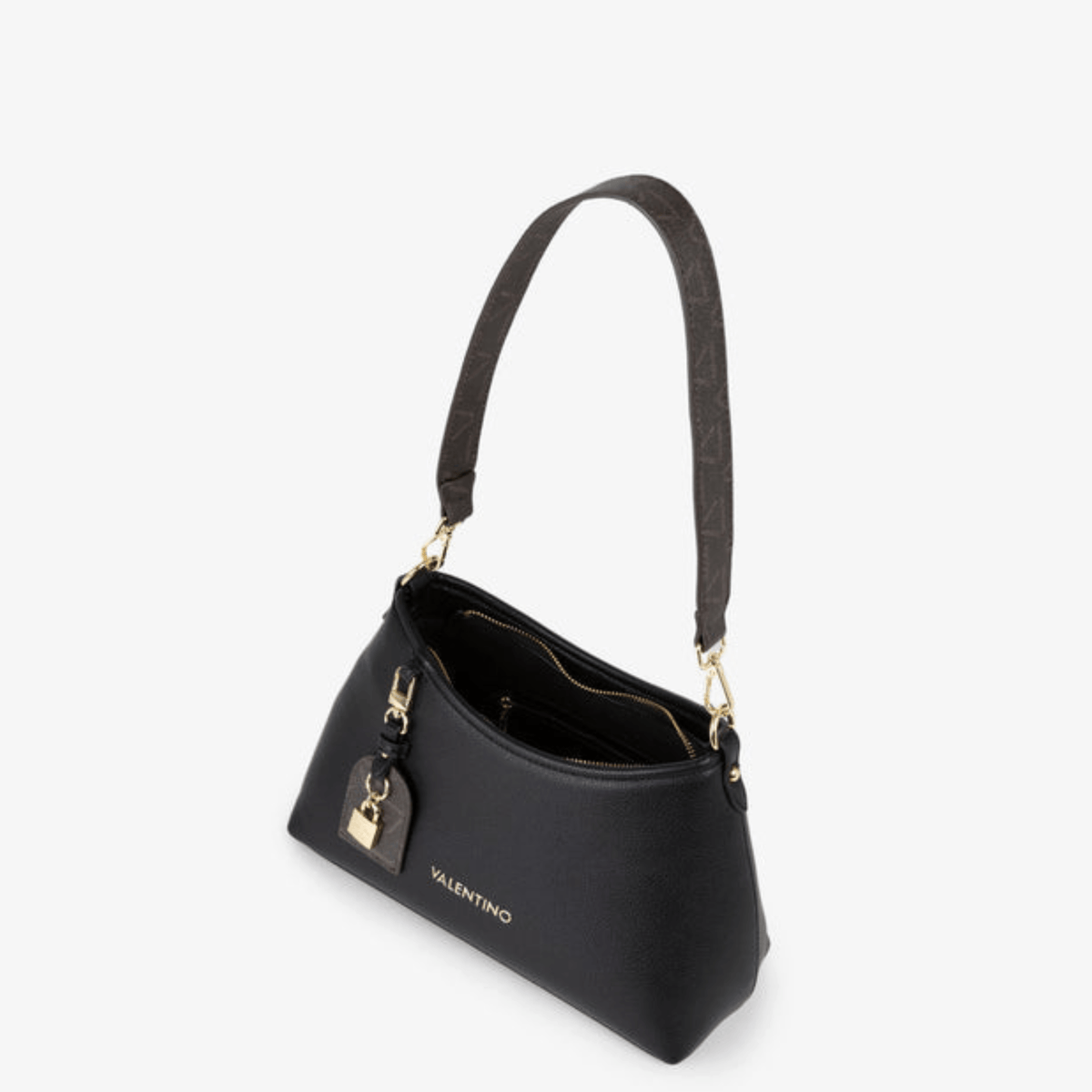 Intérieur du sac VALENTINO LYSSA RE VBSACY14 noir vu du dessus avec compartiments de rangement et poches zippées