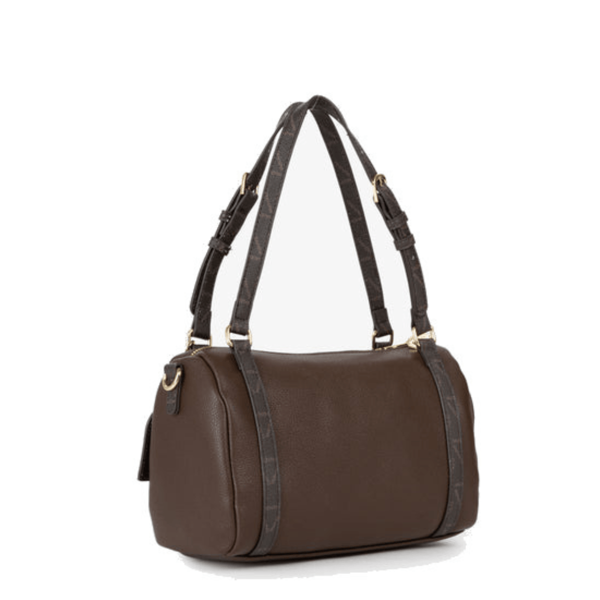 Sac à main VALENTINO LYSSA RE café vue arrière trois quarts, forme bowling marron et anses contrastantes à motifs