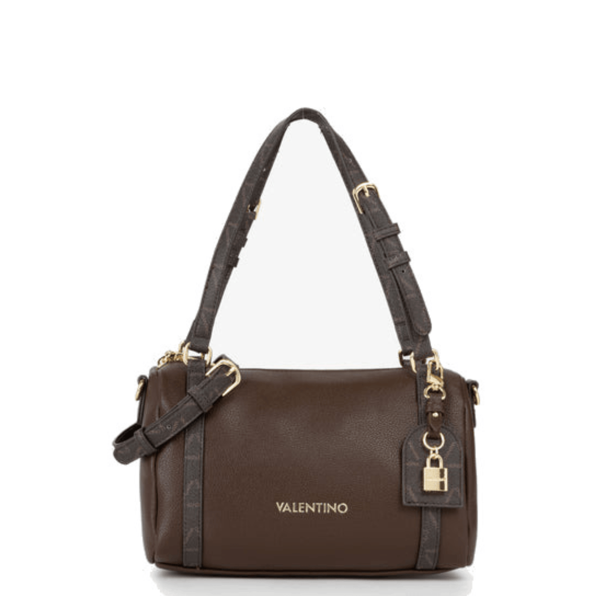 Sac bowling femme VALENTINO LYSSA RE VBSACY23 café marron chocolat, vue de face avec logo doré et pendentif cadenas