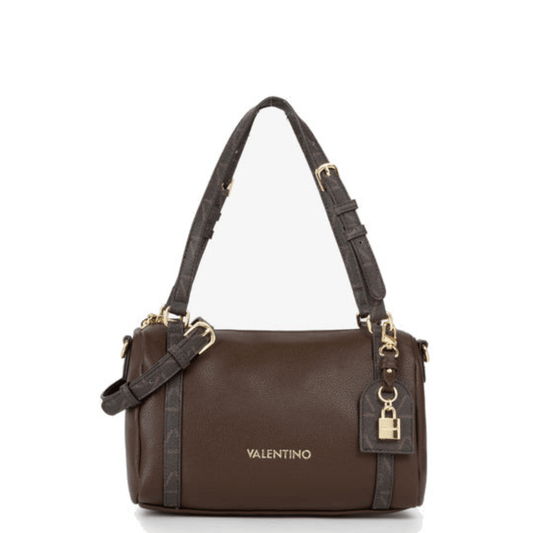 Sac bowling femme VALENTINO LYSSA RE VBSACY23 café marron chocolat, vue de face avec logo doré et pendentif cadenas