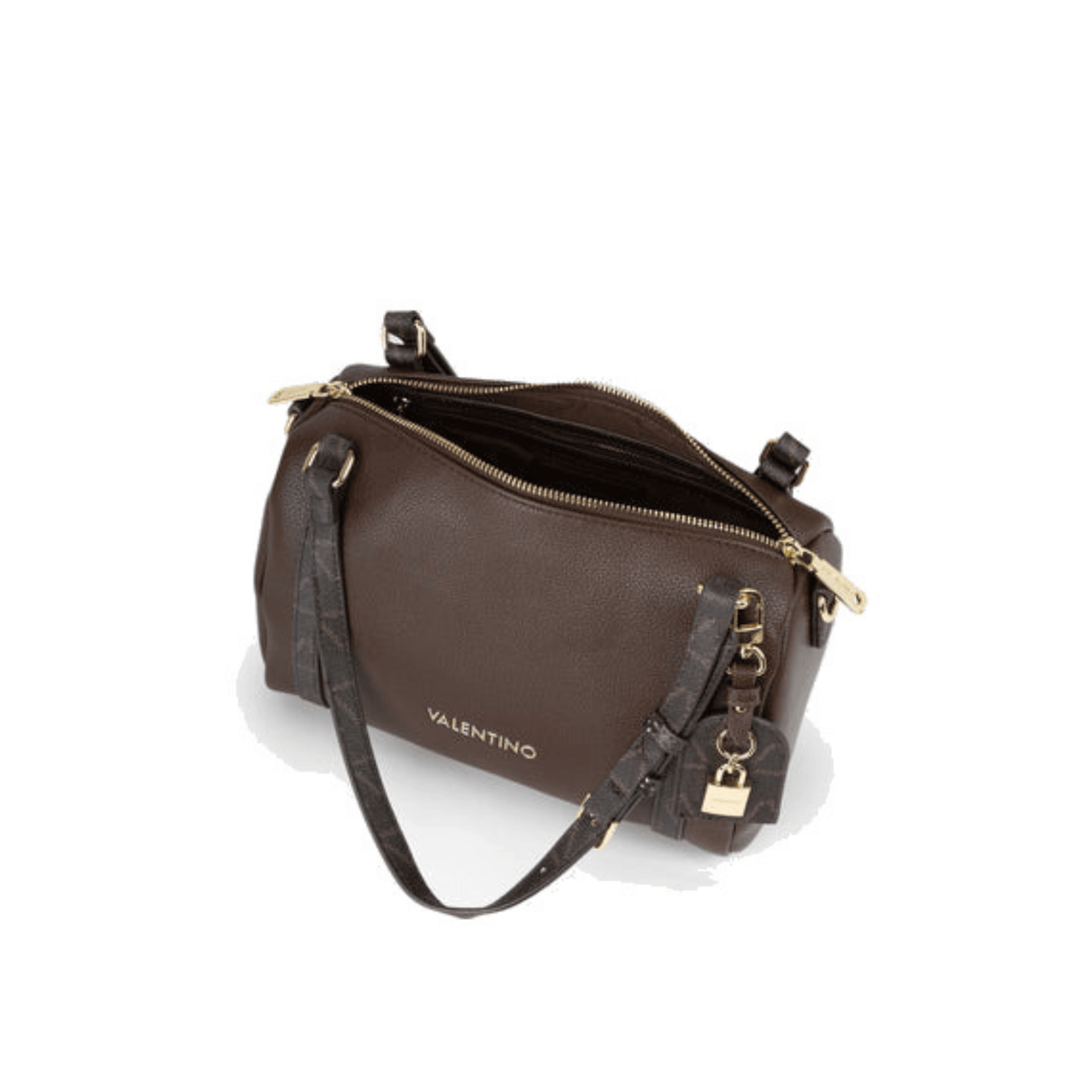 Sac VALENTINO LYSSA RE VBSACY23 café ouvert vu du dessus, compartiments de rangement et fermeture zippée dorée