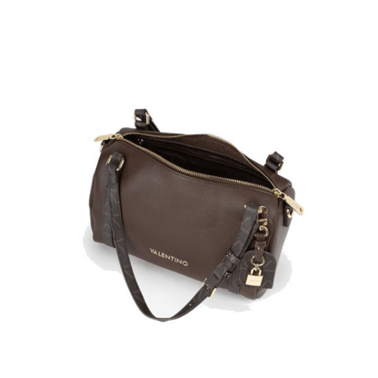 Sac VALENTINO LYSSA RE VBSACY23 café ouvert vu du dessus, compartiments de rangement et fermeture zippée dorée