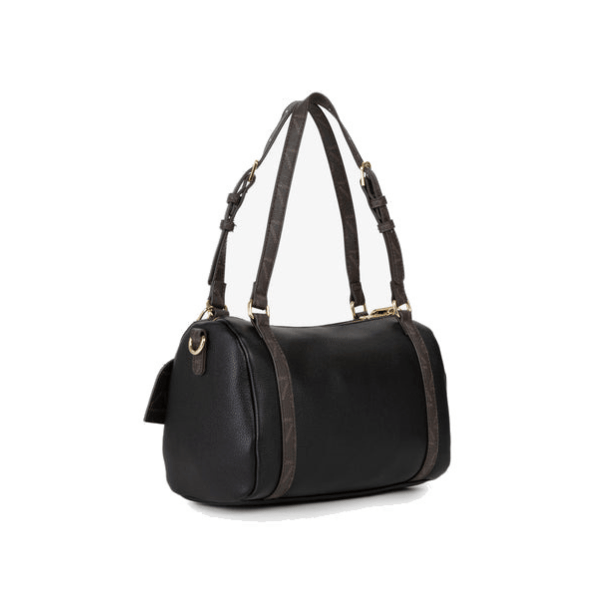 Sac à main VALENTINO LYSSA RE noir vue arrière trois quarts, forme bowling arrondie et deux anses contrastantes