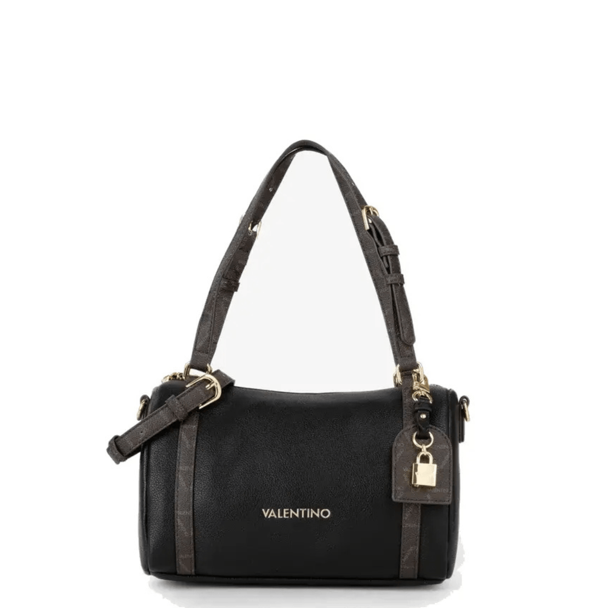 Sac bowling VALENTINO LYSSA RE VBSACY23 noir vue de face, anses marron à motifs, logo doré et pendentif cadenas
