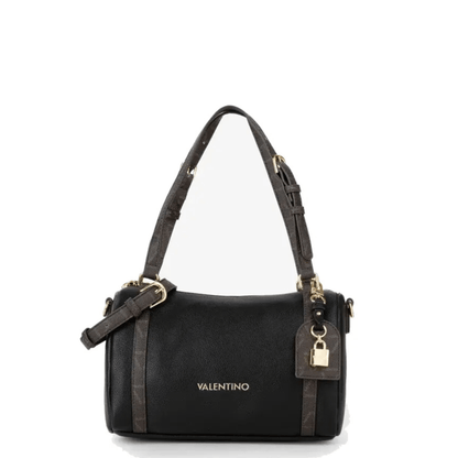 Sac bowling VALENTINO LYSSA RE VBSACY23 noir vue de face, anses marron à motifs, logo doré et pendentif cadenas