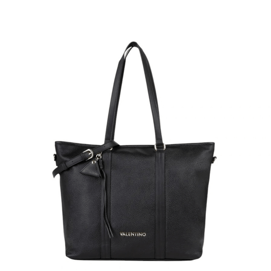 Grand sac cabas VALENTINO MAURY noir VBSADF01, vue de face avec logo métallisé et bandoulière amovible.