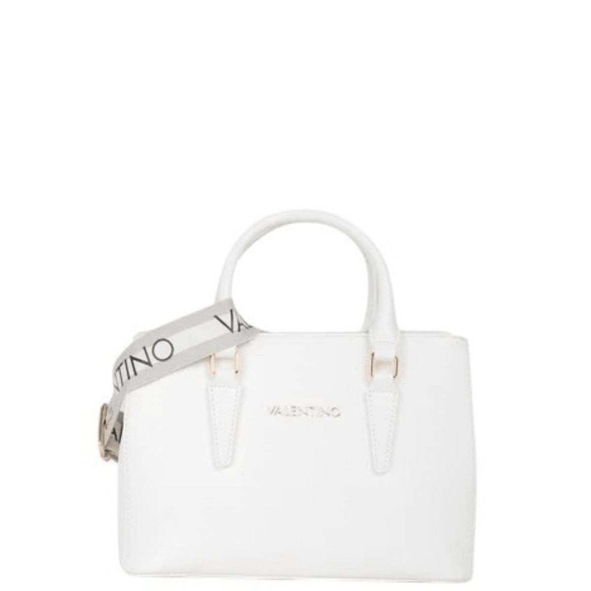 Sac à main VALENTINO Zero Re blanc avec large bandoulière logotypée VALENTINO, anses assorties et détails dorés.