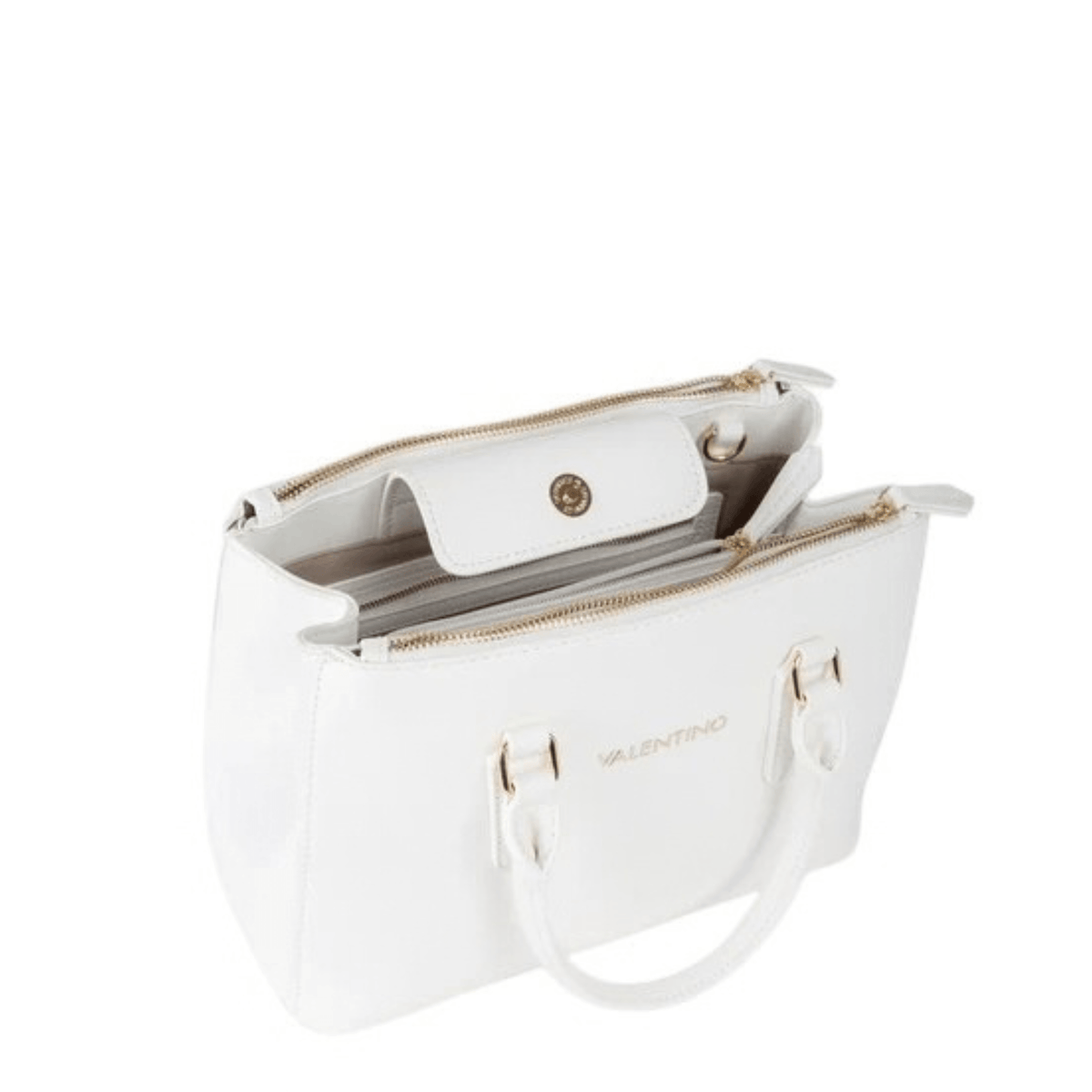 Intérieur du sac VALENTINO Zero Re blanc avec plusieurs compartiments, poche centrale zippée et fermetures dorées.