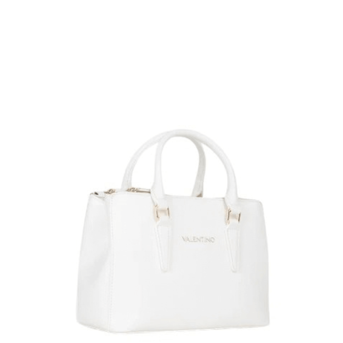 Vue de trois quarts du sac à main VALENTINO Zero Re blanc, montrant ses deux anses, son logo doré et sa forme structurée.