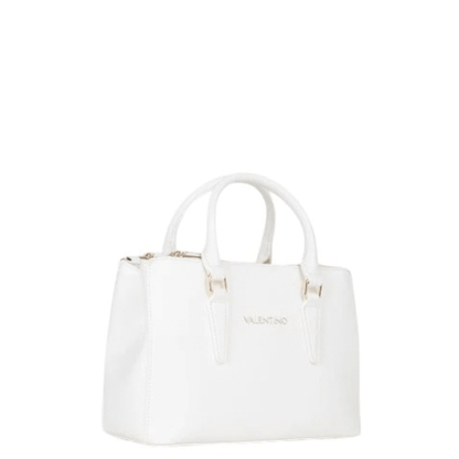 Vue de trois quarts du sac à main VALENTINO Zero Re blanc, montrant ses deux anses, son logo doré et sa forme structurée.