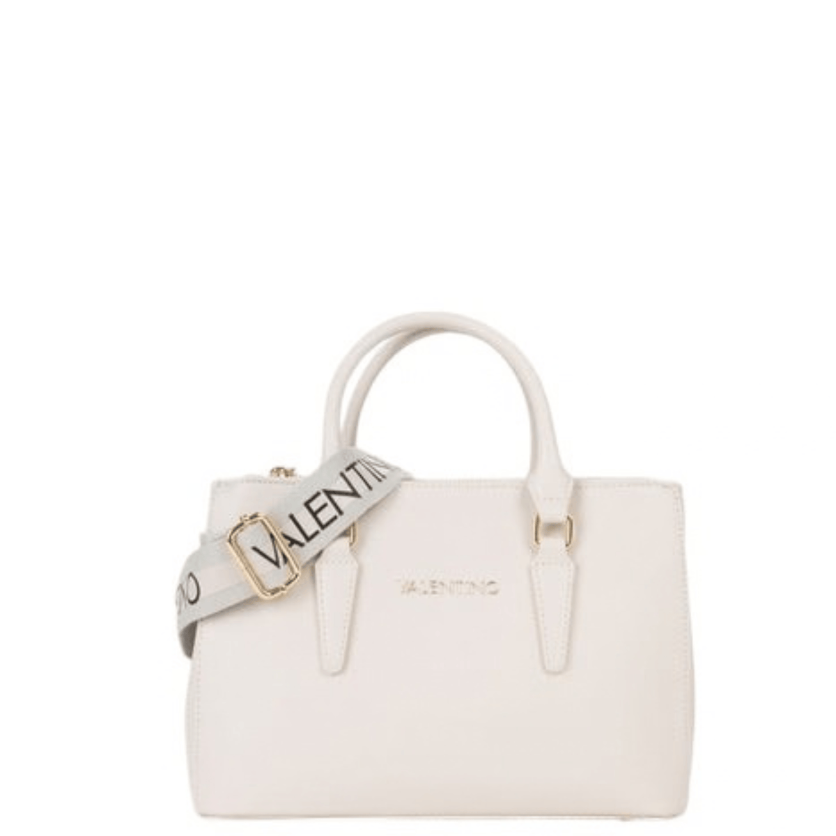 Sac à main VALENTINO Zero Re écru avec large bandoulière logotypée VALENTINO, deux anses et logo doré sur le devant.