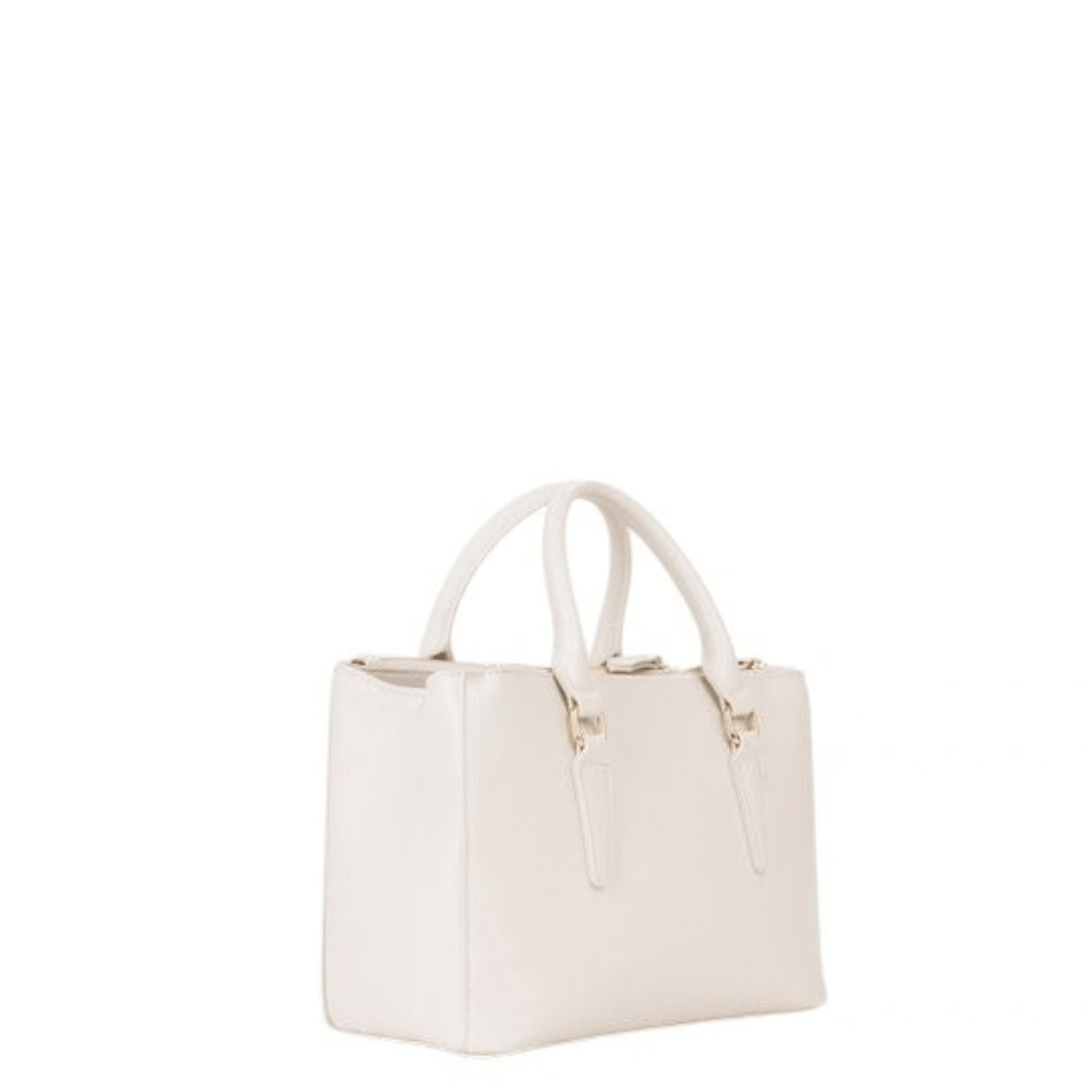 Vue de trois quarts du sac à main VALENTINO Zero Re écru, montrant sa silhouette structurée, ses anses et sa profondeur.