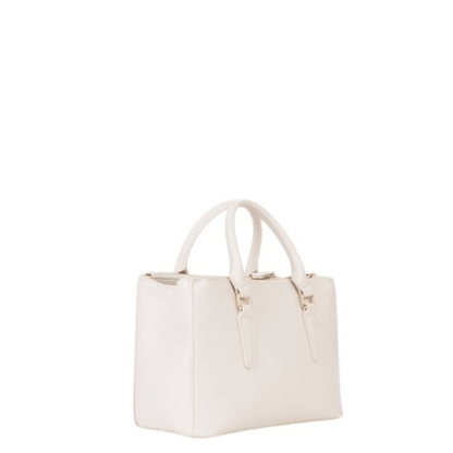Vue de trois quarts du sac à main VALENTINO Zero Re écru, montrant sa silhouette structurée, ses anses et sa profondeur.