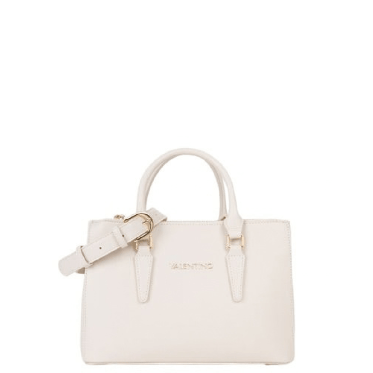 Sac à main VALENTINO Zero Re écru VBS7B302N, vue de face avec deux anses, bandoulière fine réglable et détails dorés.