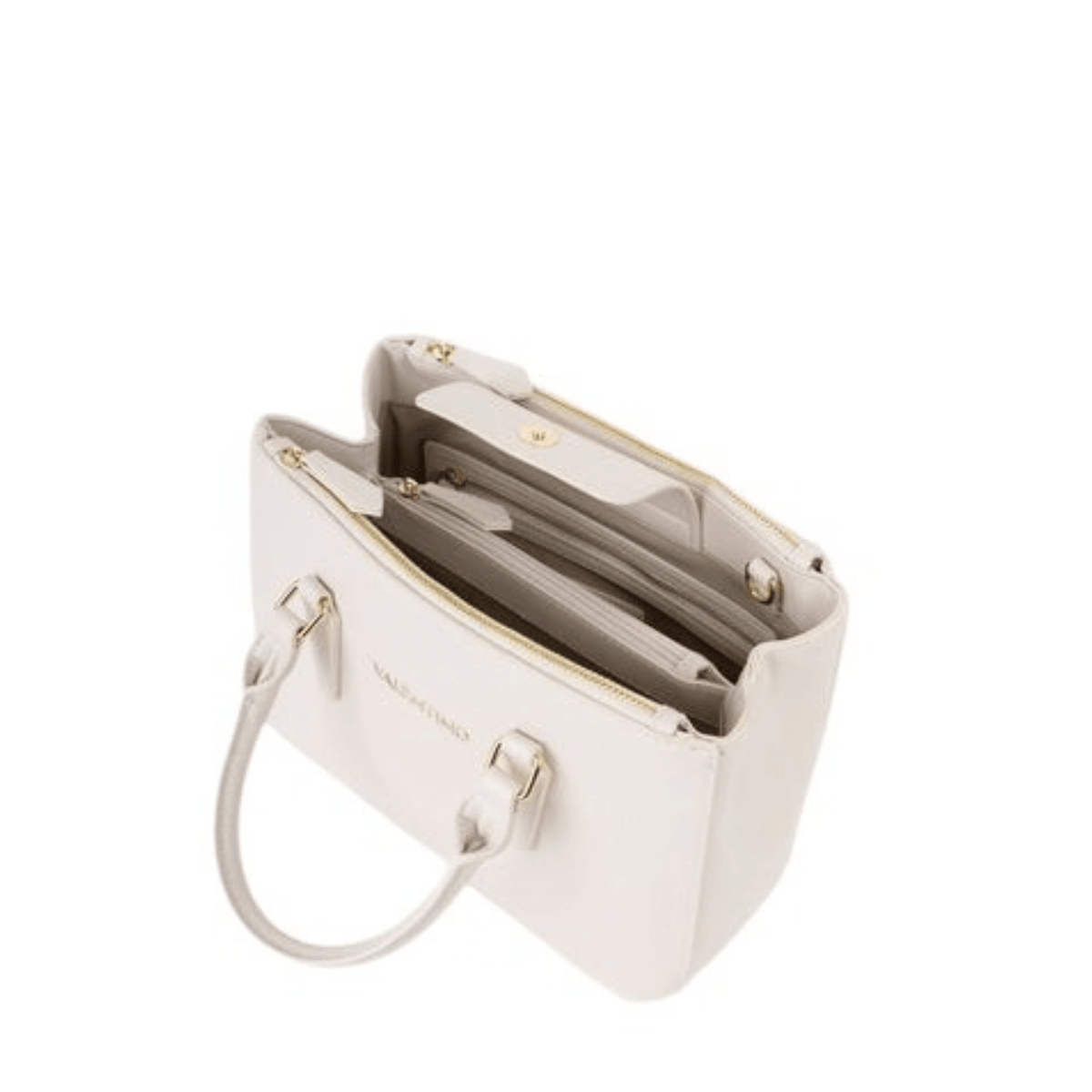 Intérieur du sac VALENTINO Zero Re écru avec plusieurs compartiments de rangement, poche centrale zippée et fermetures dorées.