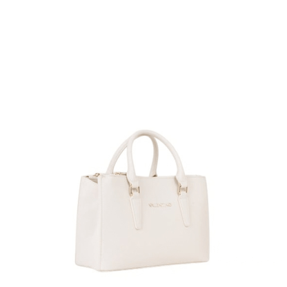 Vue de trois quarts du sac à main VALENTINO Zero Re écru, montrant sa silhouette structurée, ses anses et sa profondeur.
