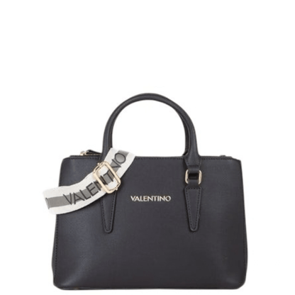 Sac à main VALENTINO Zero Re noir avec large bandoulière logotypée VALENTINO, deux anses et finitions métalliques dorées.