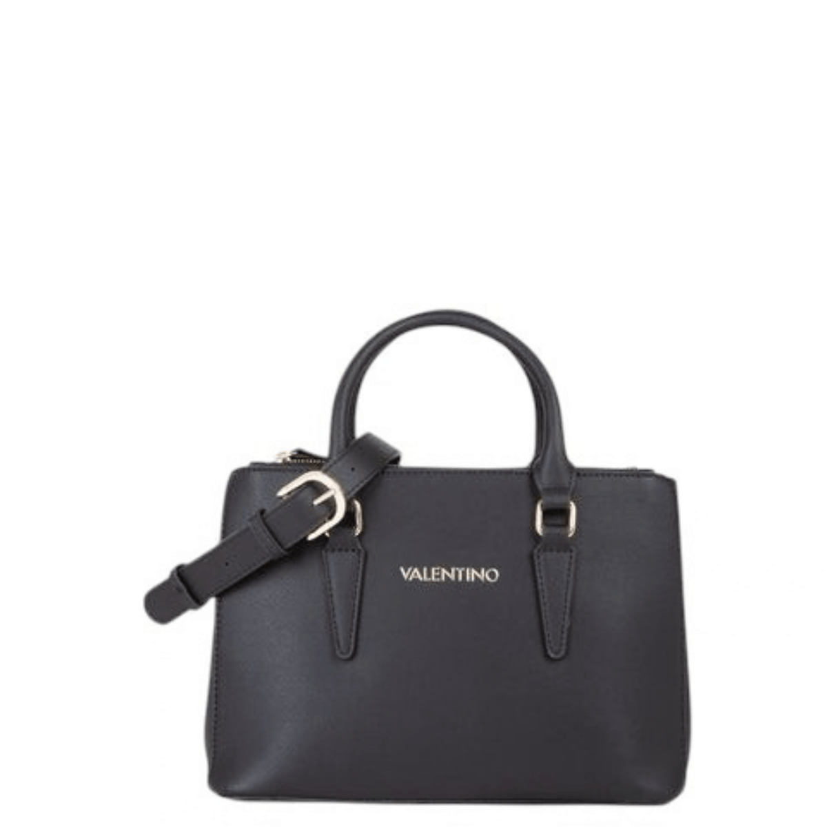 Sac à main VALENTINO Zero Re noir VBS7B302N, vue de face avec deux anses, bandoulière fine réglable et logo doré.