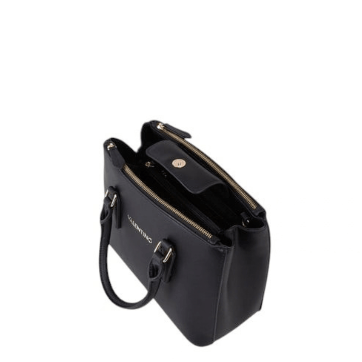 Intérieur du sac à main VALENTINO Zero Re noir avec compartiments de rangement, poche centrale zippée et fermetures dorées.