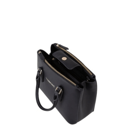 Intérieur du sac à main VALENTINO Zero Re noir avec compartiments de rangement, poche centrale zippée et fermetures dorées.